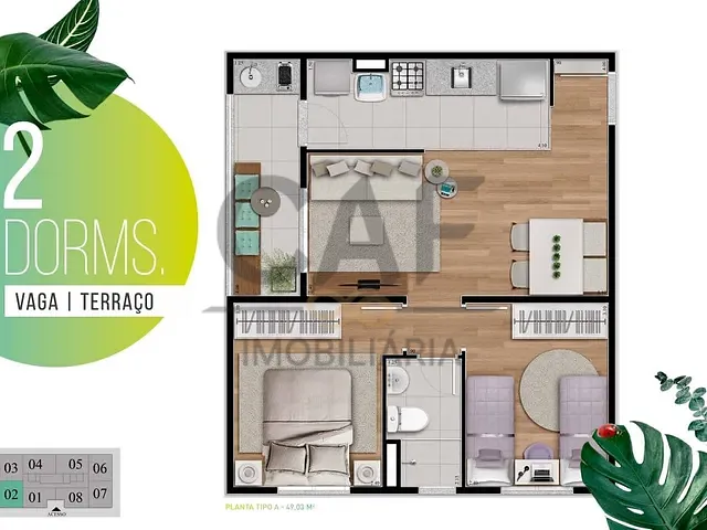 Apartamento com 49m² 2 quartos e 1 banheiro, à venda, no bairro Jardim Paraíso em Jaguariúna