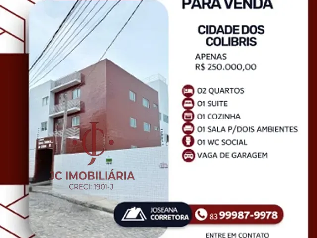 Apartamento 2 quartos e 2 banheiros, à venda, no bairro Cidade dos Colibris em João Pessoa