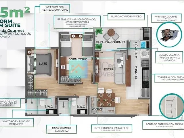Apartamento com 65m² 2 quartos e 2 banheiros, à venda, no bairro Loteamento Villa Branca em Jacareí