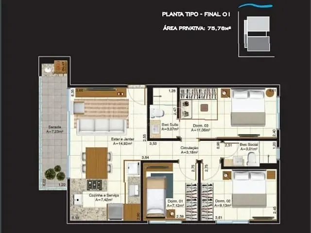 Apartamento 3 quartos e 2 banheiros, à venda, no bairro Palmas em Governador Celso Ramos