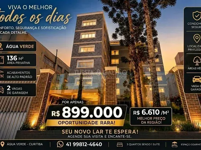 Apartamento com 136m² 3 quartos e 2 banheiros, à venda, no bairro Água Verde em Curitiba