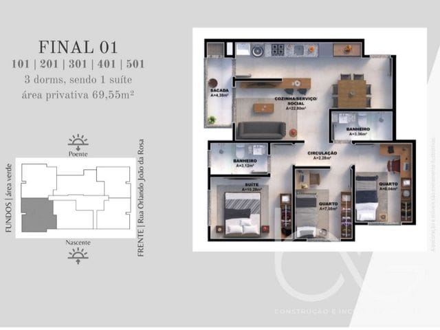 Apartamento com 58m² 2 quartos e 2 banheiros, à venda, no bairro Nova Palhoça em Palhoça