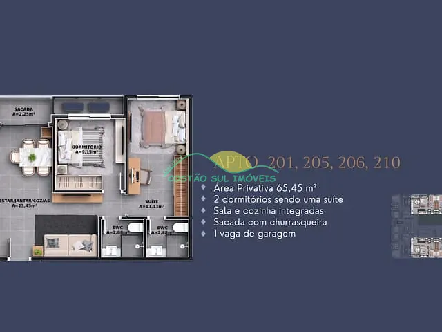 Apartamento 1 quarto e 2 banheiros, à venda, no bairro Ribeirão da Ilha em Florianópolis