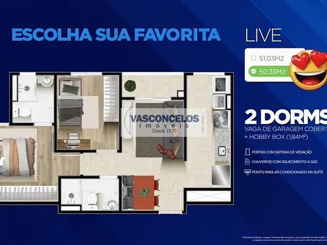 Apartamento com 52m² 2 quartos e 2 banheiros, à venda, no bairro Jardim Oriente em São José dos Campos