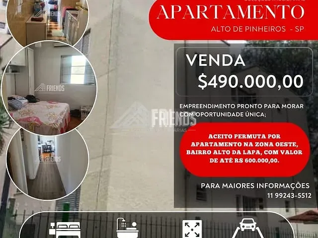 Apartamento com 49m² 2 quartos e 1 banheiro, à venda, no bairro Alto de Pinheiros em São Paulo