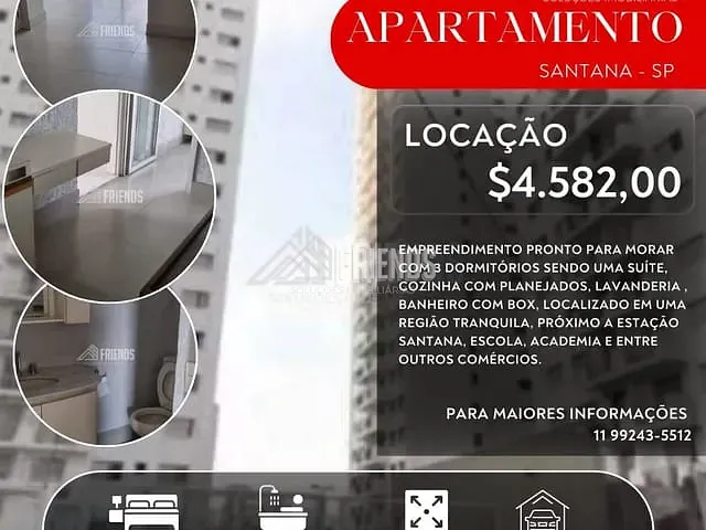 Apartamento com 90m² 3 quartos e 3 banheiros, para alugar, no bairro Santana em São Paulo