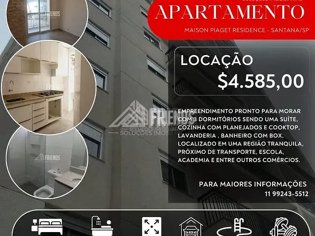 Apartamento com 66m² 3 quartos e 3 banheiros, para alugar, no bairro Santana em São Paulo