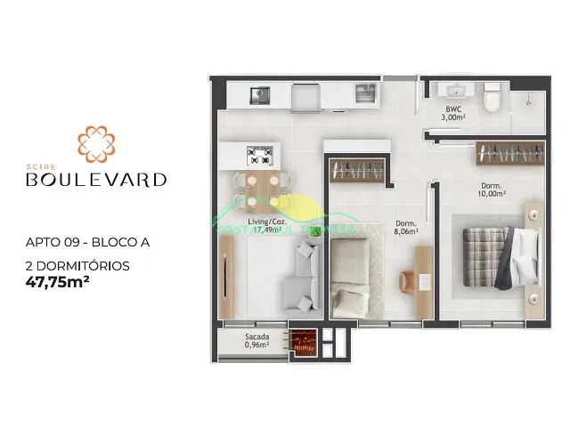 Apartamento 2 quartos e 1 banheiro, à venda, no bairro Passa Vinte em Palhoça