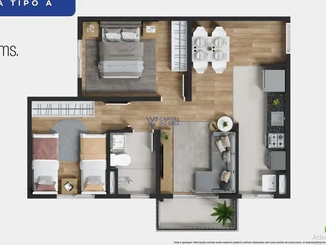 Apartamento 2 quartos e 1 banheiro, à venda, no bairro Conjunto Residencial Galo Branco em São José dos Campos