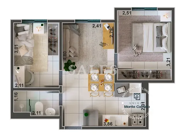 Apartamento com 36m² 2 quartos e 1 banheiro, à venda, no bairro Monte Castelo em Juiz de Fora