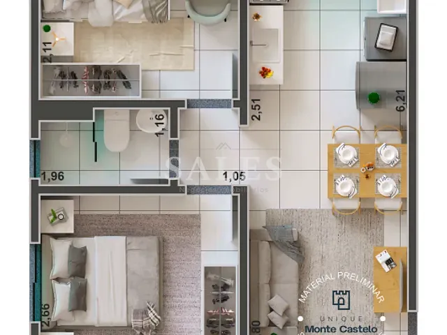 Apartamento com 36m² 2 quartos e 1 banheiro, à venda, no bairro Monte Castelo em Juiz de Fora