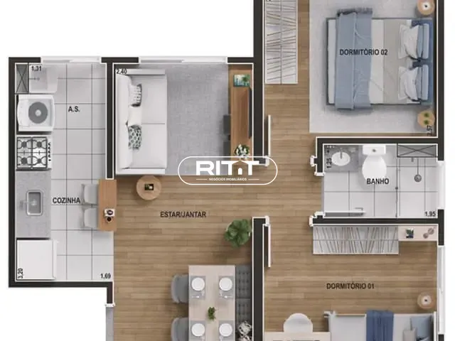 Apartamento com 43m² 2 quartos e 1 banheiro, à venda, no bairro Jardim Ibirapuera em Campinas