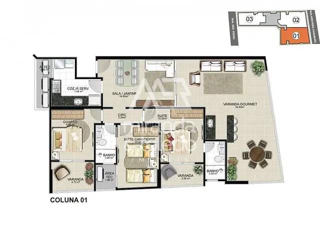 Apartamento com 118m² 3 quartos e 2 banheiros, à venda, no bairro Praia do Morro em Guarapari
