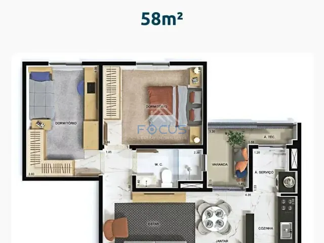 Apartamento com 58m² 2 quartos e 1 banheiro, à venda, no bairro Jardim do Lago em Jundiaí