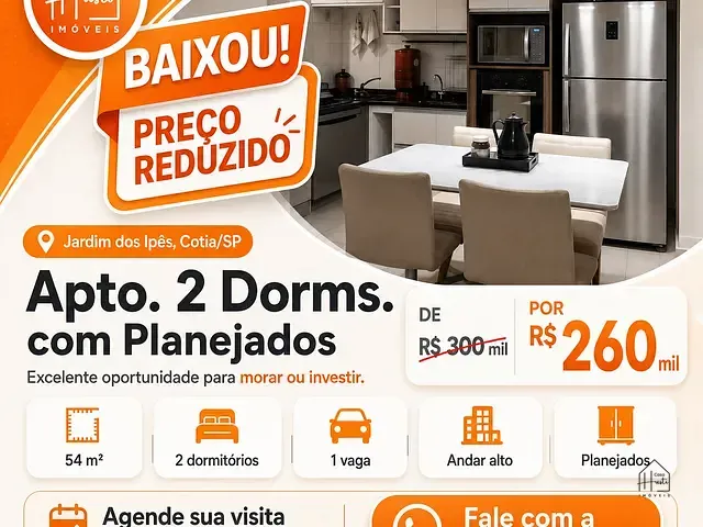 Apartamento com 54m² 2 quartos e 1 banheiro, à venda, no bairro Jardim dos Ipês em Cotia