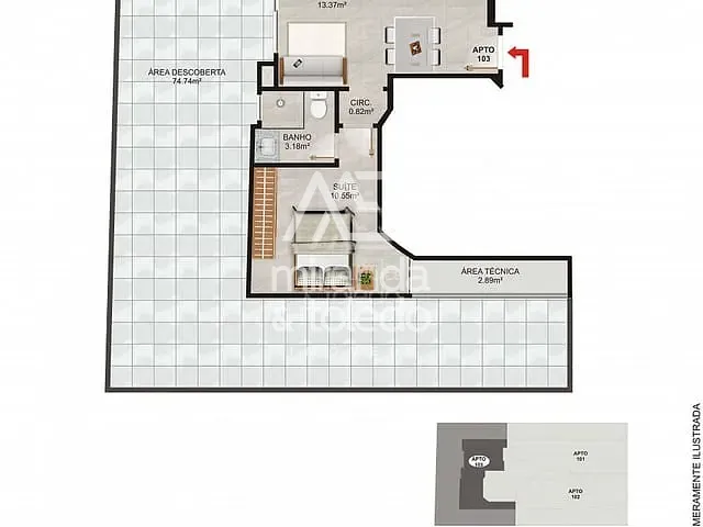 Apartamento com 46m² 1 quarto e 1 banheiro, à venda, no bairro Praia do Morro em Guarapari