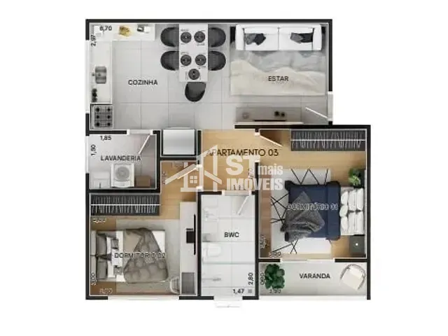 Apartamento com 61m² 2 quartos e 1 banheiro, à venda, no bairro Recanto da Serra em Andradas
