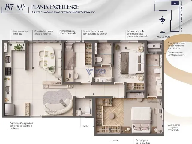 Apartamento 1 quarto e 2 banheiros, à venda, no bairro Vila Adyana em São José dos Campos