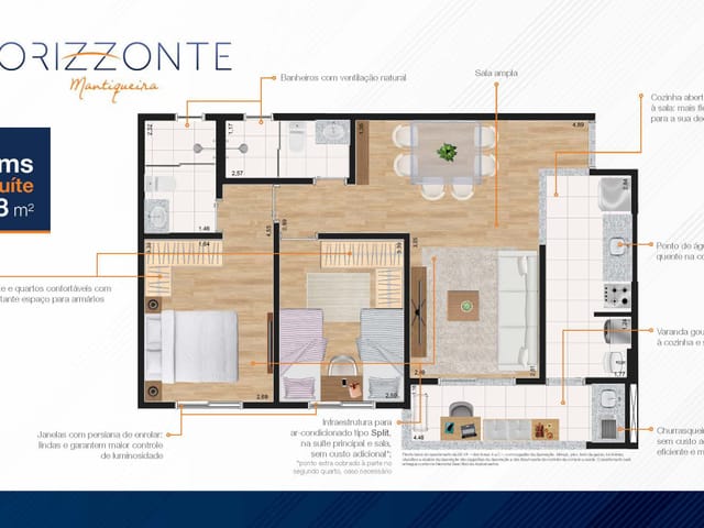 Apartamento com 68m² 2 quartos e 2 banheiros, à venda, no bairro Parque São Luís em Taubaté