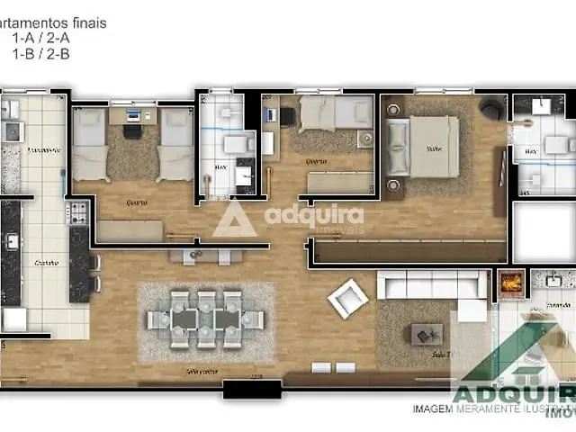 Apartamento 3 quartos e 2 banheiros, à venda, no bairro Centro em Ponta Grossa