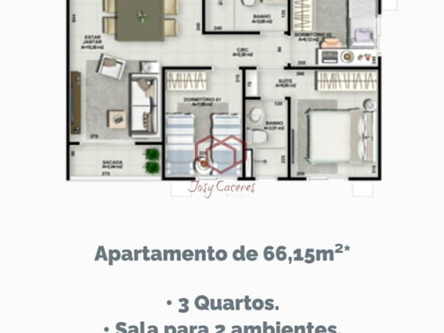 Apartamento com 66m² 3 quartos e 2 banheiros, à venda, no bairro Jardim das Palmeiras em Cuiabá