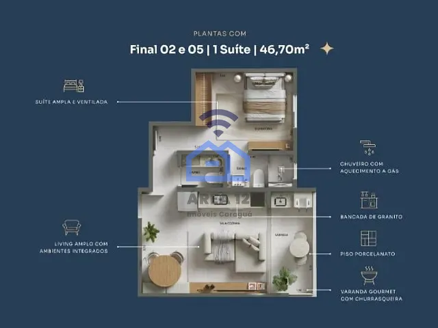 Apartamento com 46m² 1 quarto e 1 banheiro, à venda, no bairro Martim de Sá em Caraguatatuba