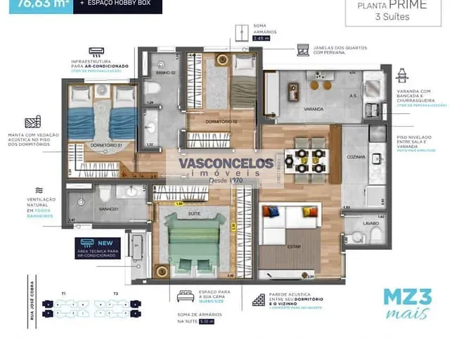 Apartamento 3 quartos e 2 banheiros, à venda, no bairro Parque Industrial em São José dos Campos