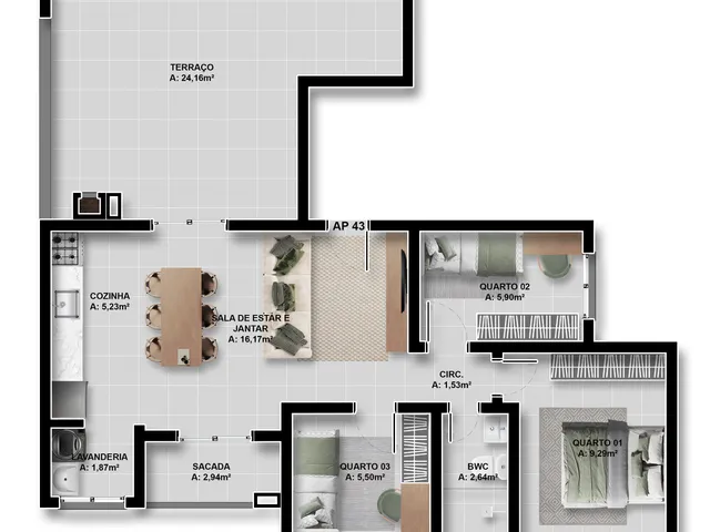 Apartamento 3 quartos e 1 banheiro, à venda, no bairro Parque da Fonte em São José dos Pinhais