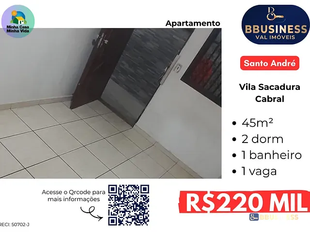 Apartamento 2 quartos e 1 banheiro, à venda, no bairro Vila Sacadura Cabral em Santo André