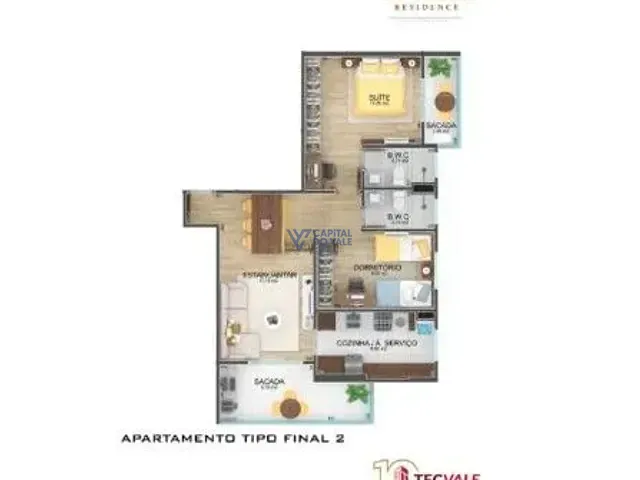 Apartamento 2 quartos e 2 banheiros, à venda, no bairro Jardim São Dimas em São José dos Campos
