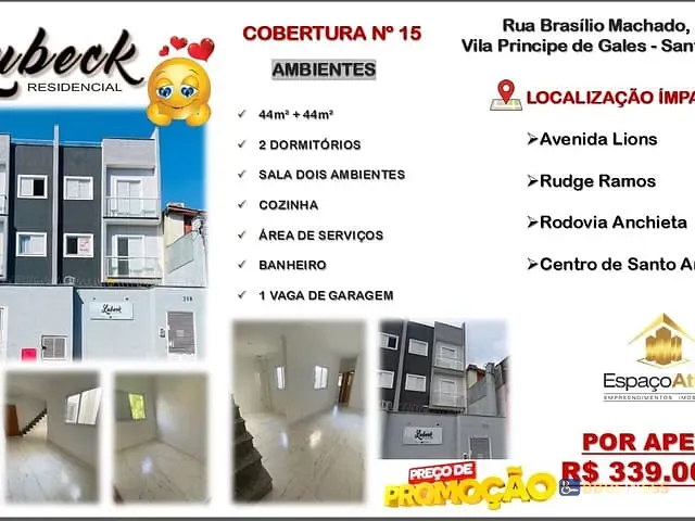 Apartamento 2 quartos e 2 banheiros, à venda, no bairro Vila Príncipe de Gales em Santo André