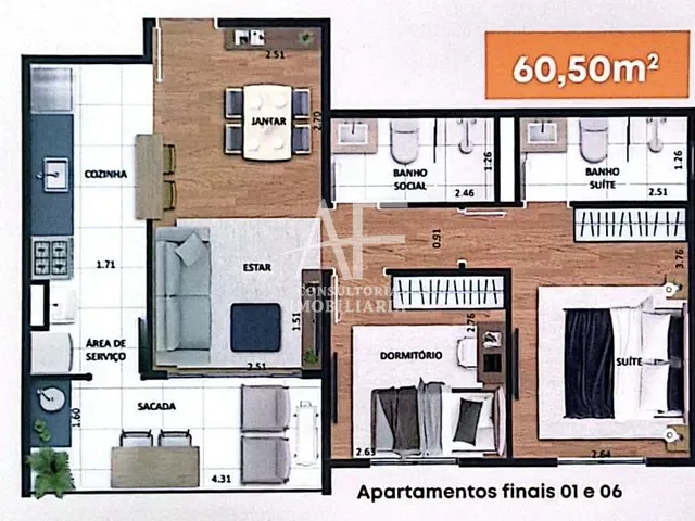 Apartamento com 61m² 2 quartos e 2 banheiros, à venda, no bairro Jardim das Nações em Taubaté