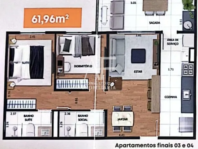 Apartamento com 61m² 2 quartos e 2 banheiros, à venda, no bairro Jardim das Nações em Taubaté