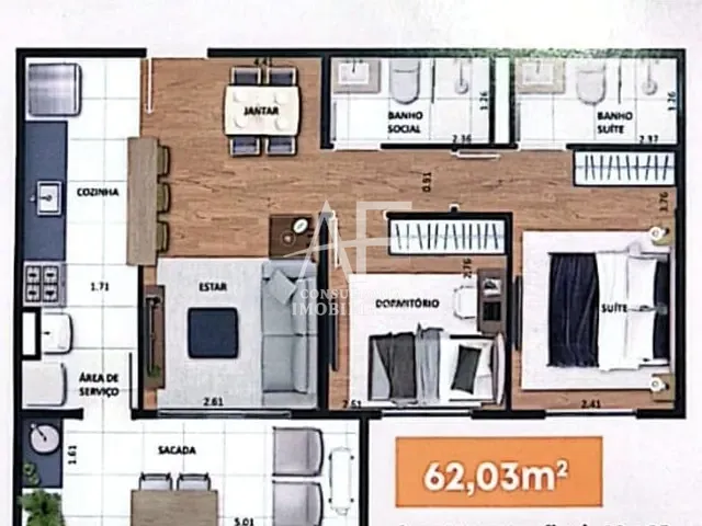 Apartamento com 61m² 2 quartos e 2 banheiros, à venda, no bairro Jardim das Nações em Taubaté