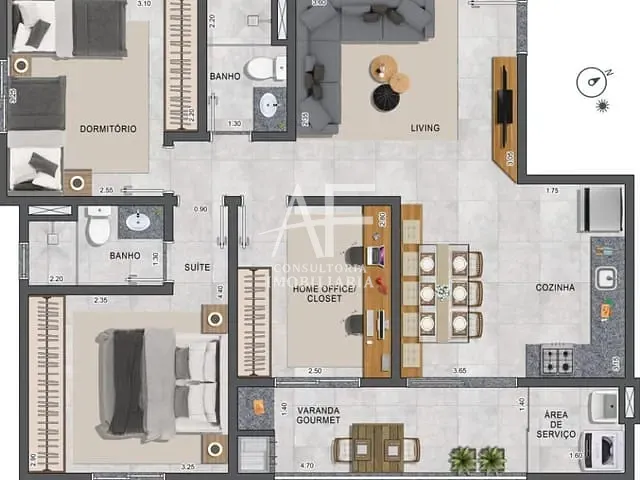Apartamento com 64m² 2 quartos e 2 banheiros, à venda, no bairro Centro em Taubaté