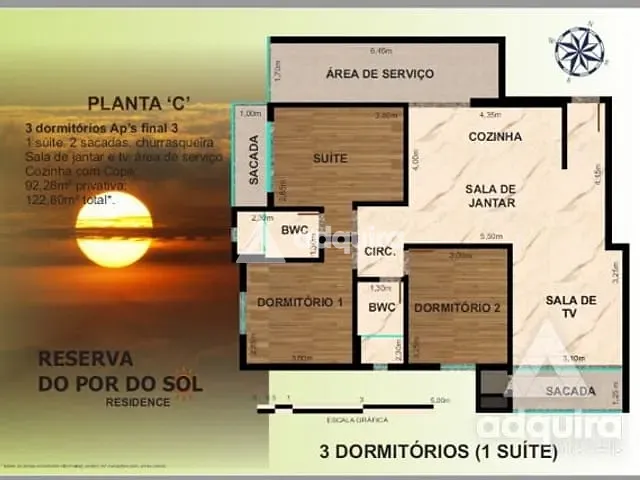 Apartamento com 123m² 3 quartos e 2 banheiros, à venda, no bairro Centro em Ponta Grossa