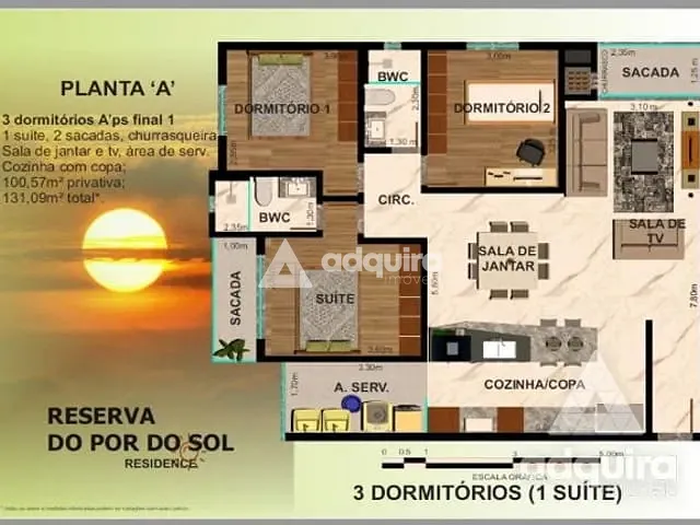 Apartamento com 112m² 2 quartos e 2 banheiros, à venda, no bairro Centro em Ponta Grossa