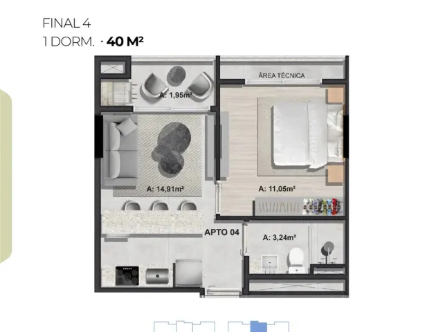Apartamento com 40m² 1 quarto e 1 banheiro, à venda, no bairro Tabuleiro em Camboriú