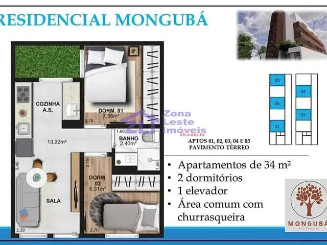 Apartamento com 34m² 2 quartos e 1 banheiro, à venda, no bairro Vila Carrão em São Paulo