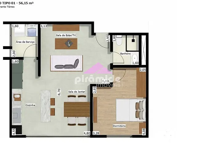 Apartamento com 54m² 1 quarto e 1 banheiro, à venda, no bairro Aruan em Caraguatatuba