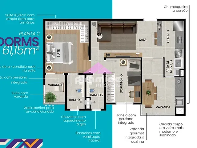 Apartamento com 61m² 2 quartos e 2 banheiros, à venda, no bairro Jardim Oswaldo Cruz em São José dos Campos