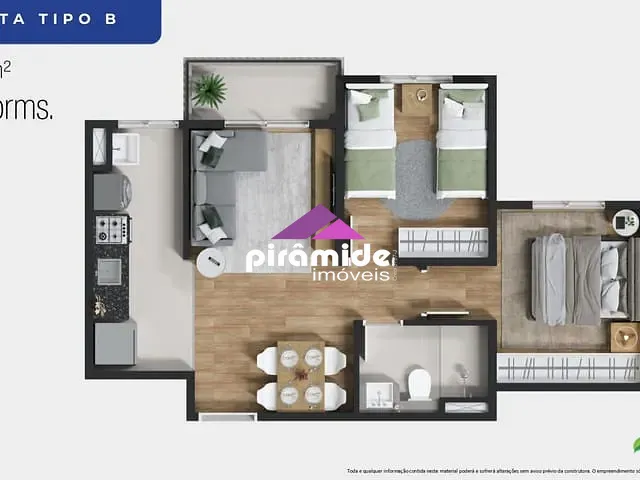 Apartamento com 46m² 2 quartos e 2 banheiros, à venda, no bairro Galo Branco em São José dos Campos