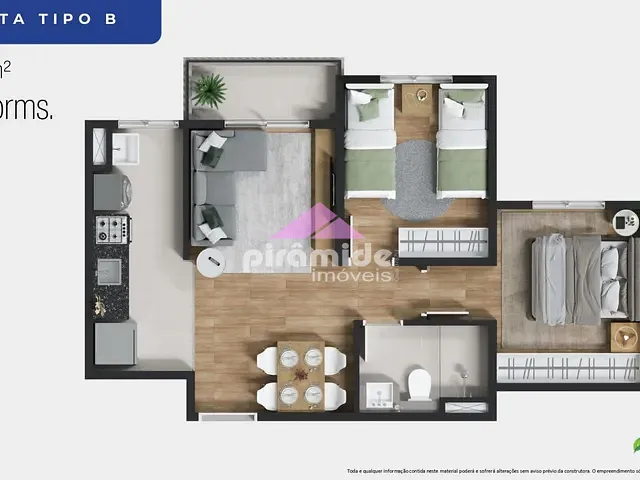 Apartamento com 46m² 2 quartos e 2 banheiros, à venda, no bairro Galo Branco em São José dos Campos