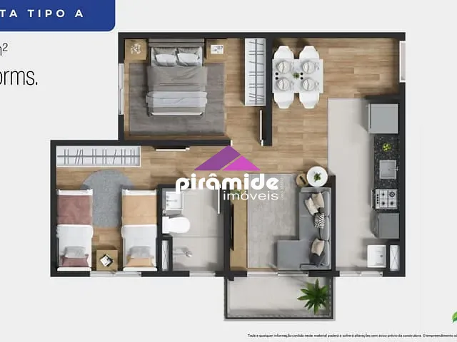 Apartamento com 46m² 2 quartos e 1 banheiro, à venda, no bairro Galo Branco em São José dos Campos