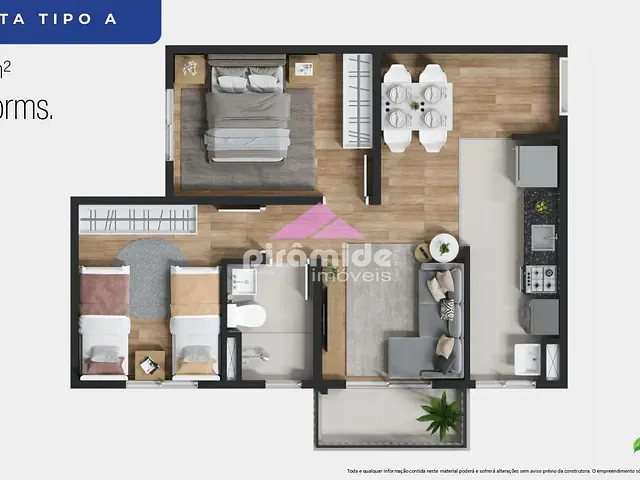 Apartamento com 46m² 2 quartos e 1 banheiro, à venda, no bairro Galo Branco em São José dos Campos