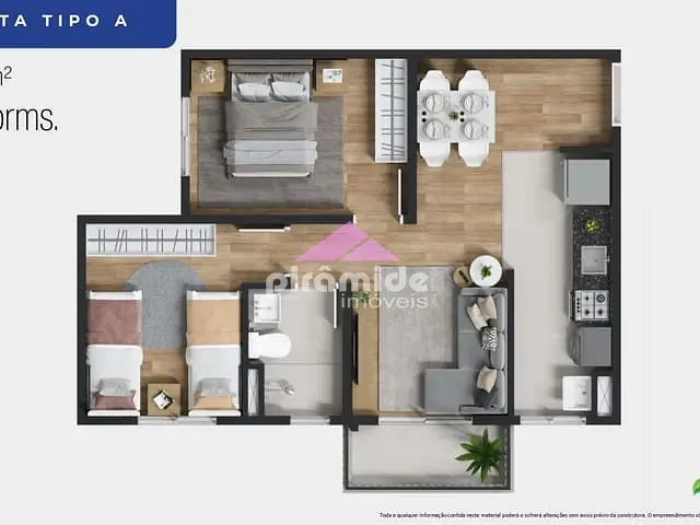 Apartamento com 46m² 2 quartos e 1 banheiro, à venda, no bairro Galo Branco em São José dos Campos