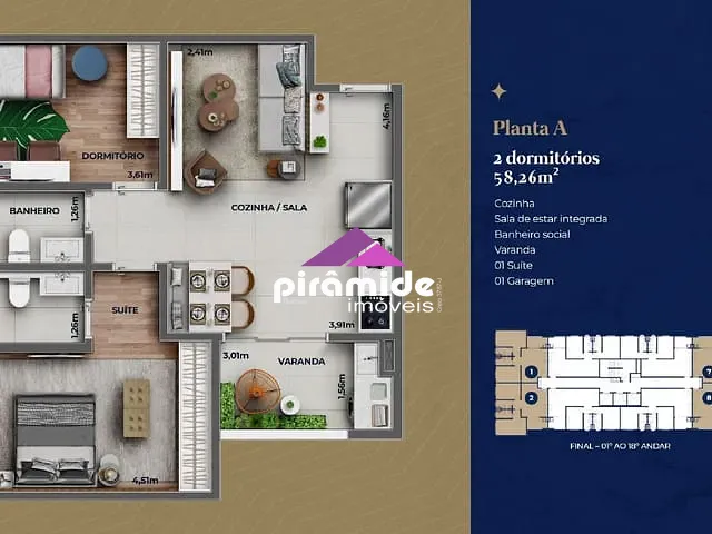 Apartamento com 58m² 2 quartos e 2 banheiros, à venda, no bairro Jardim Ismênia em São José dos Campos