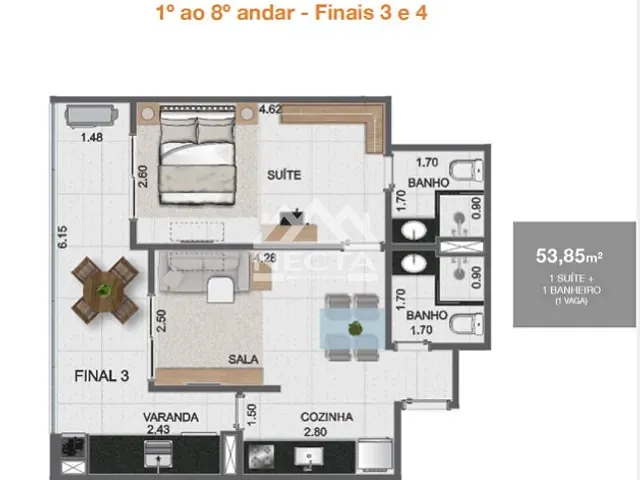 Apartamento com 54m² 1 quarto e 1 banheiro, à venda, no bairro Indaia em Caraguatatuba