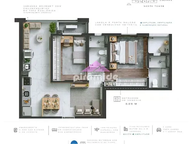 Apartamento com 61m² 2 quartos e 2 banheiros, à venda, no bairro Jardim das Colinas em São José dos Campos