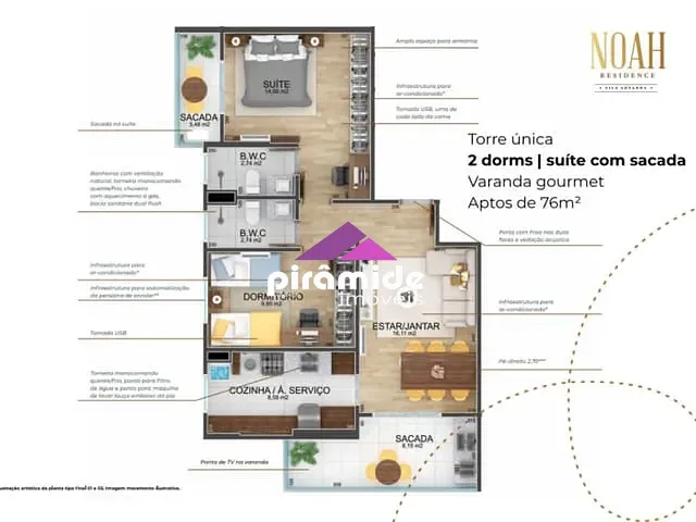 Apartamento com 76m² 2 quartos e 2 banheiros, à venda, no bairro Jardim São Dimas em São José dos Campos